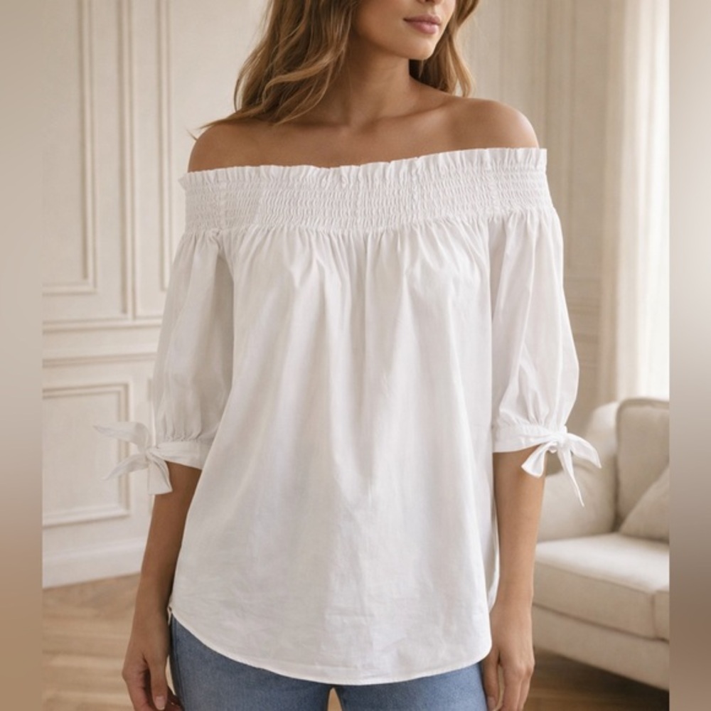 Caroline Constas Lou White Off Shoulder Top Smocked Cotton Blouse